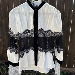 Black and white lace and velvet button up blouse